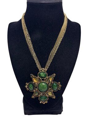 Erica Lyons Gold Tone 6 Strand Necklace W/ Large Green Rhinestone Pendant (6310)